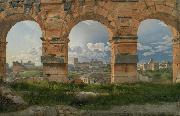 View through three northwest arches of the Colosseum in Rome.Storm gathering over the city (mk09) berg